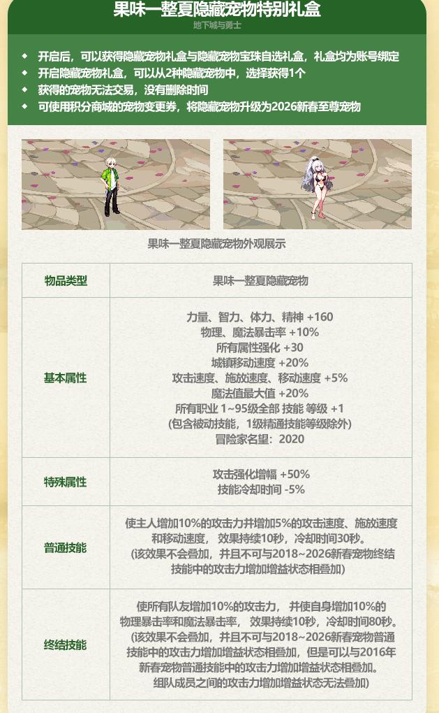 DNF2026夏日套至尊宠物属性一览